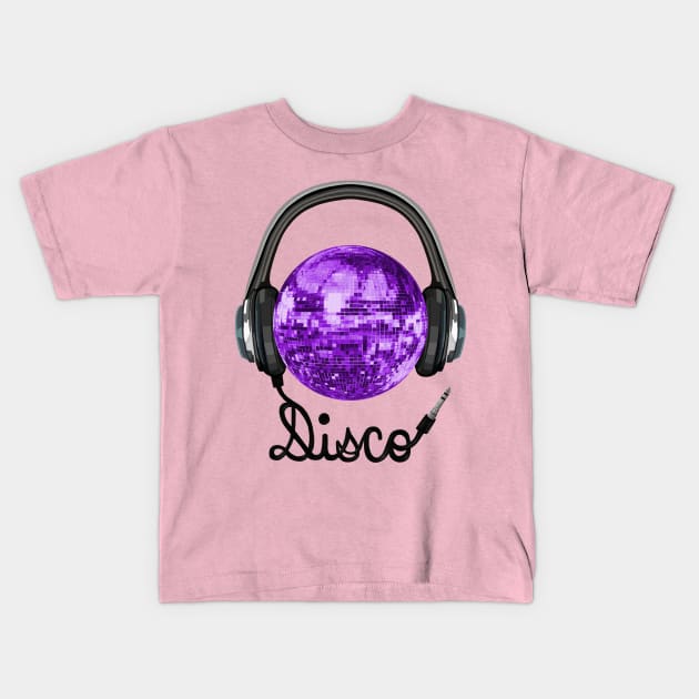 70s Music Purple Disco Ball Headphones Kids T-Shirt by Art by Deborah Camp